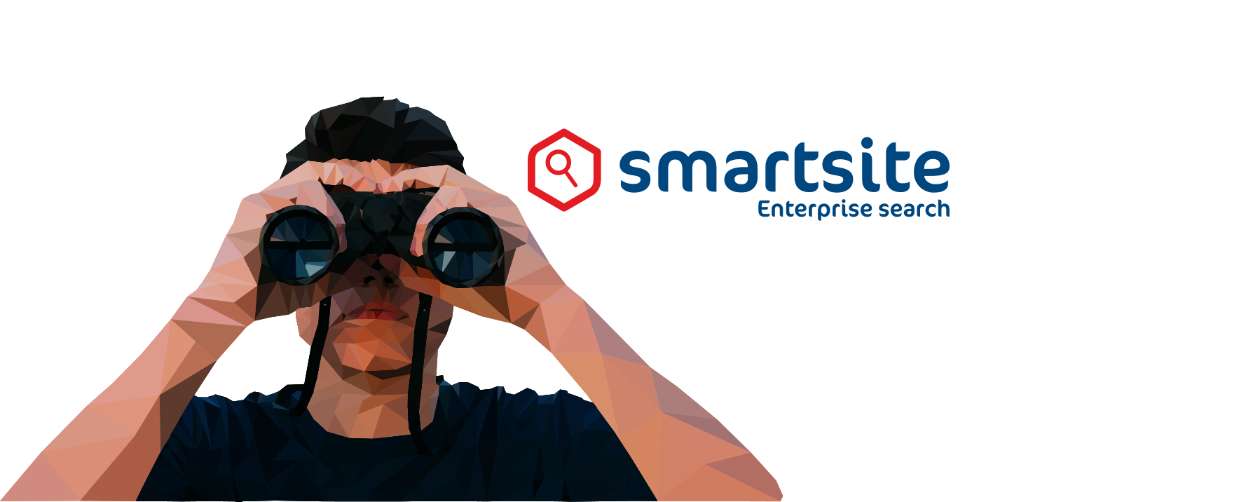 Low poly tekening van donkerharige man met verrekijker en logo Smartsite Enterprise Search