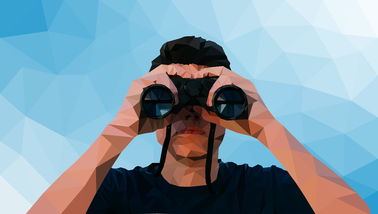 Low poly sfeerbeeld Enterprise Search. Man met verrekijker.