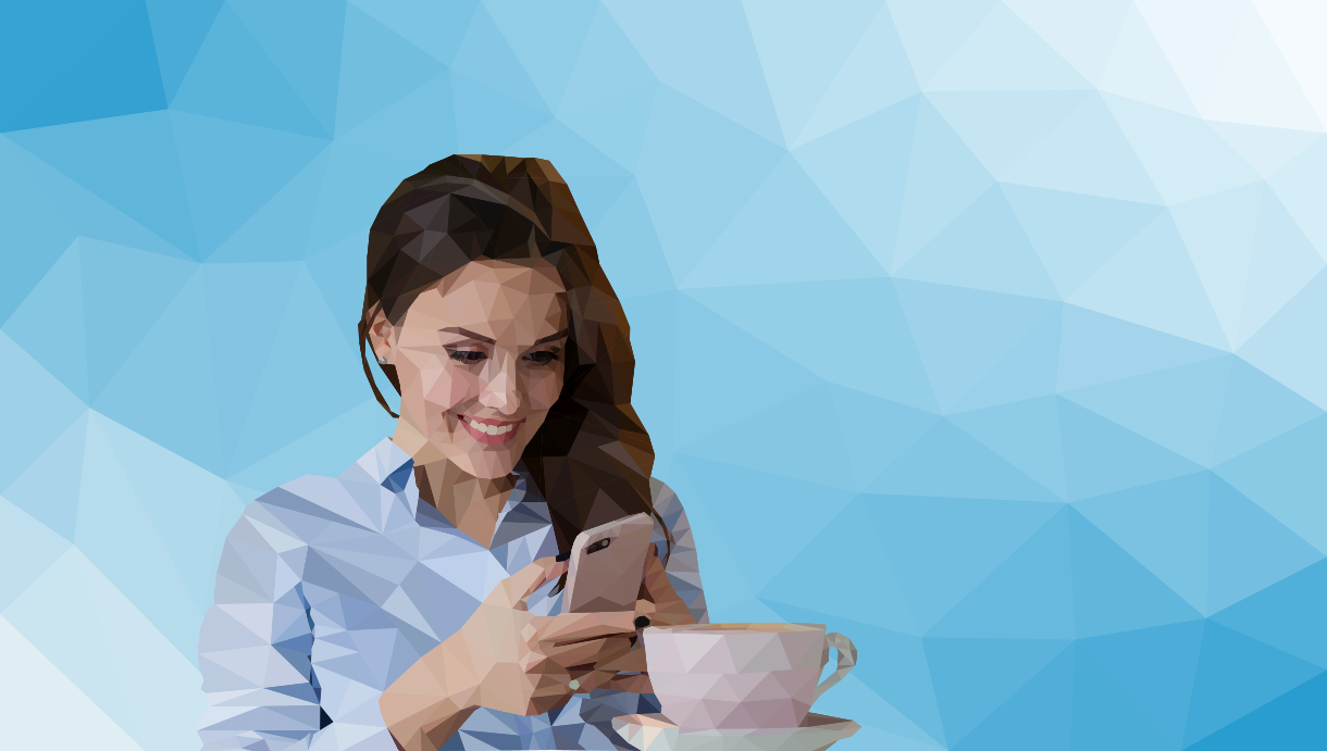 Low poly sfeerbeeld van vrouw met telefoon en kop koffie 